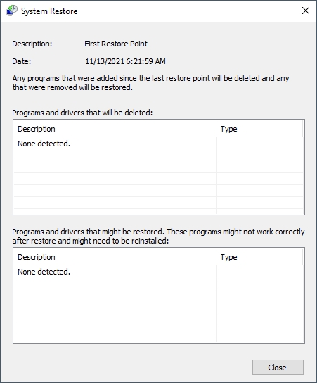 Checking for software that will be affected after reverting to a previous Restore Point in Windows 10.