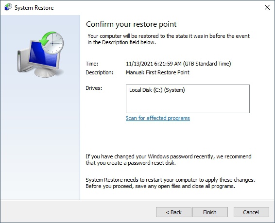 Final confirmation to revert the OS to a previous Restore Point in Windows 10.