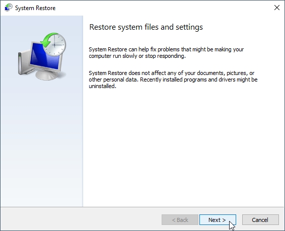 Windows 10's System Restore Wizard window.