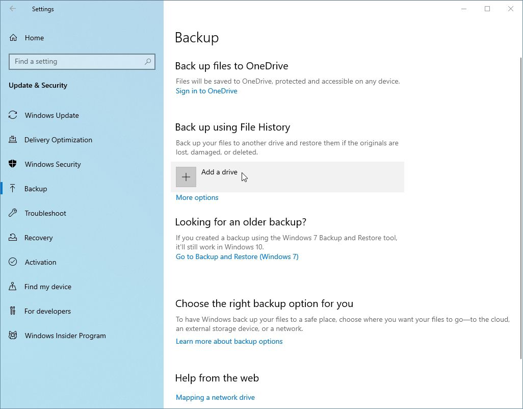 Choosing a drive for use with Windows 10's File History backup solution.