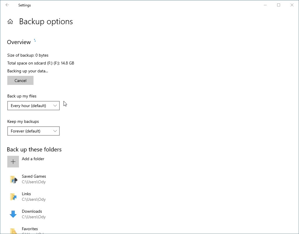 Setting up Windows 10's Backup options.