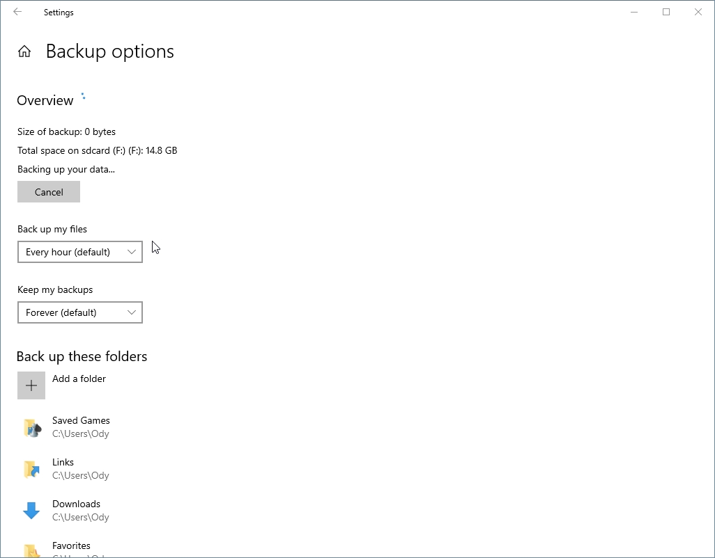 Setting up Windows 10's Backup options.