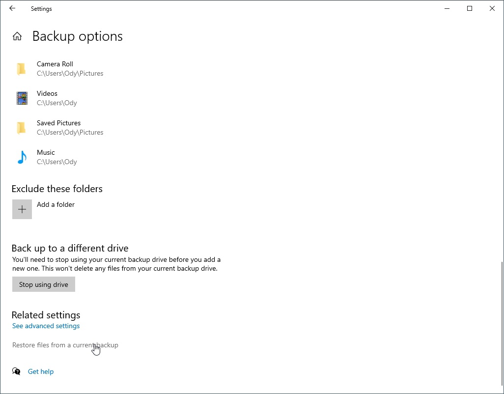 Selecting the option to recover files from Backup History.