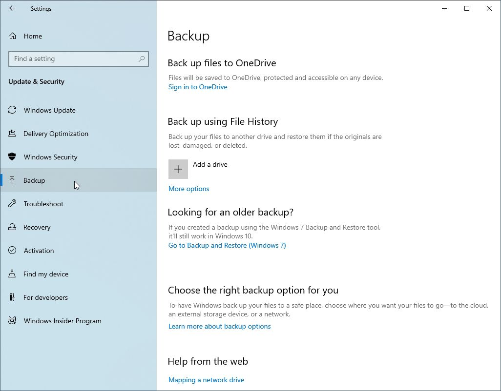 WIndows 10's Backup Settings window.