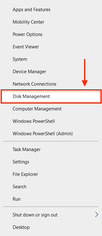 launching disk management via right-clicking the Windows Start button