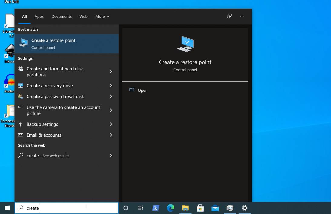 Searching for Create a Restore Point in Windows 10 Start menu