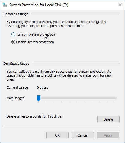 Windows Volume Shadow Copy Turn on System Protection for selected drive