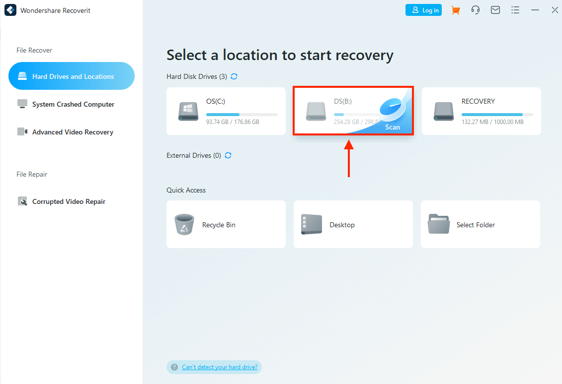 Wondershare Recoverit window showing available drives to recover
