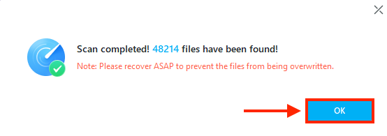 Wondershare Recoverit window showing completed scan and the number of files found.