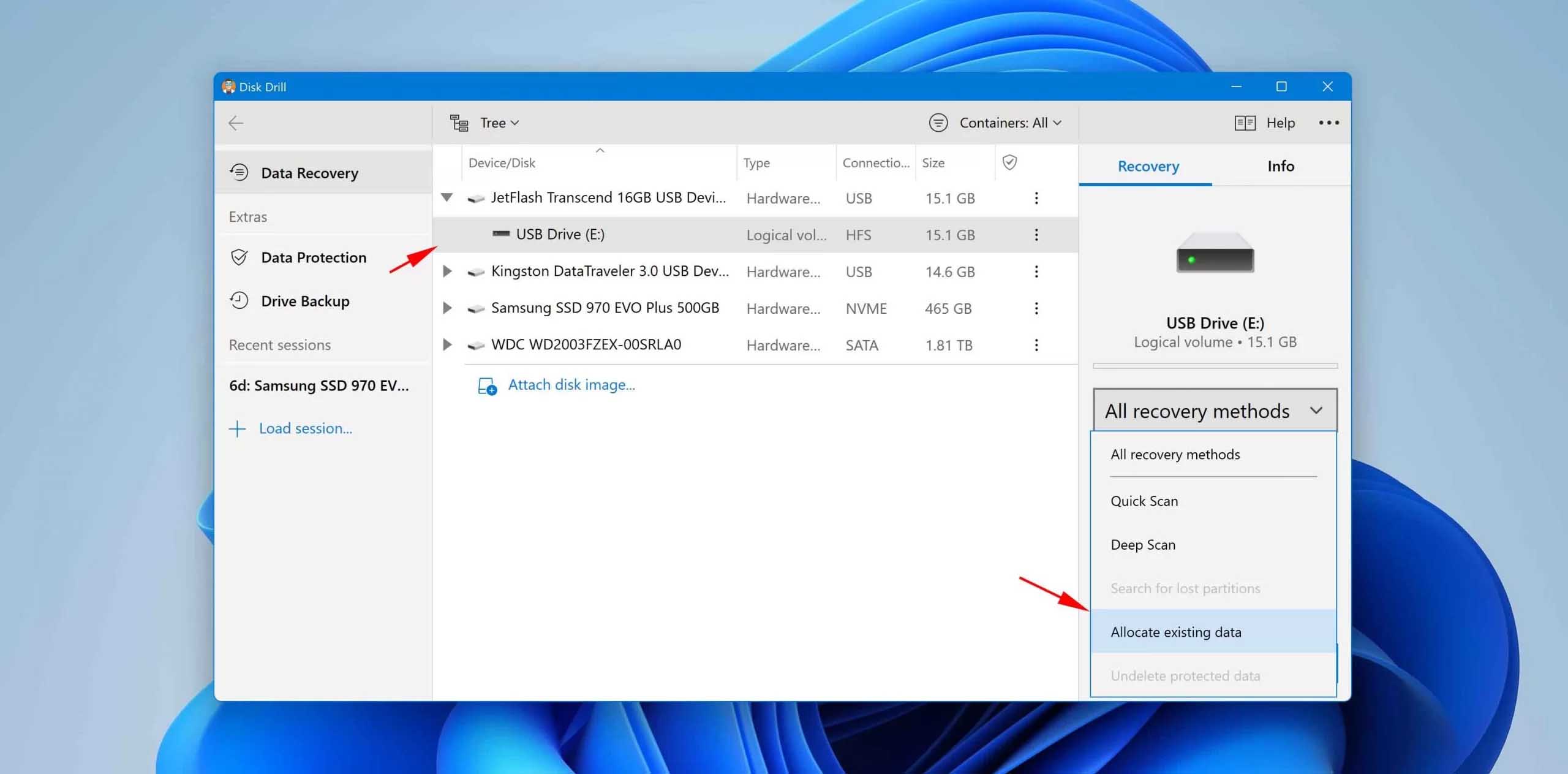 select allocate existing data