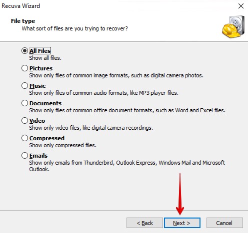 Choosing the file type to search for.