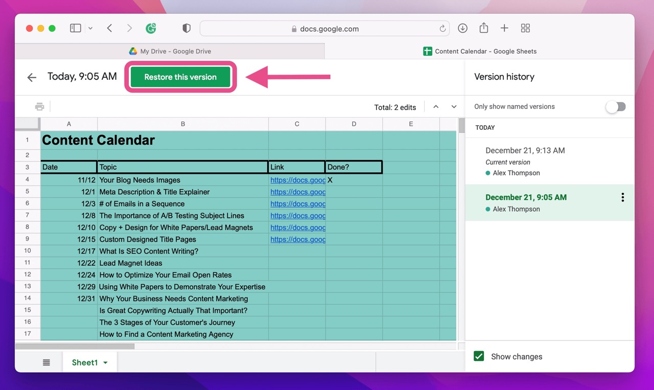 Step 4 to recover replaced files on Mac using Google Drive: Click the restore button.