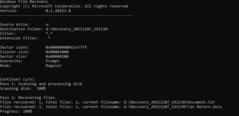 command line in windows fiel recovery