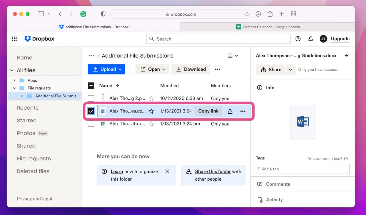 Step 2 to recover an accidentally replaced file on Mac Using Dropbox: Find your file you'd like to restore to a previous version.