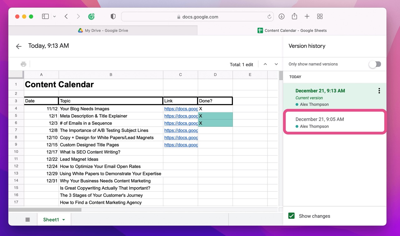 Step 3 to recover replaced files on Mac using Google Drive: Find the version you'd like to restore.