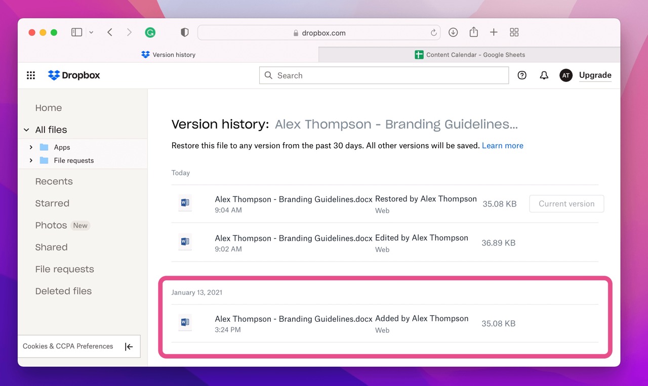 Step 4 to recover an accidentally replaced file on Mac Using Dropbox: Find the version you'd like to restore.