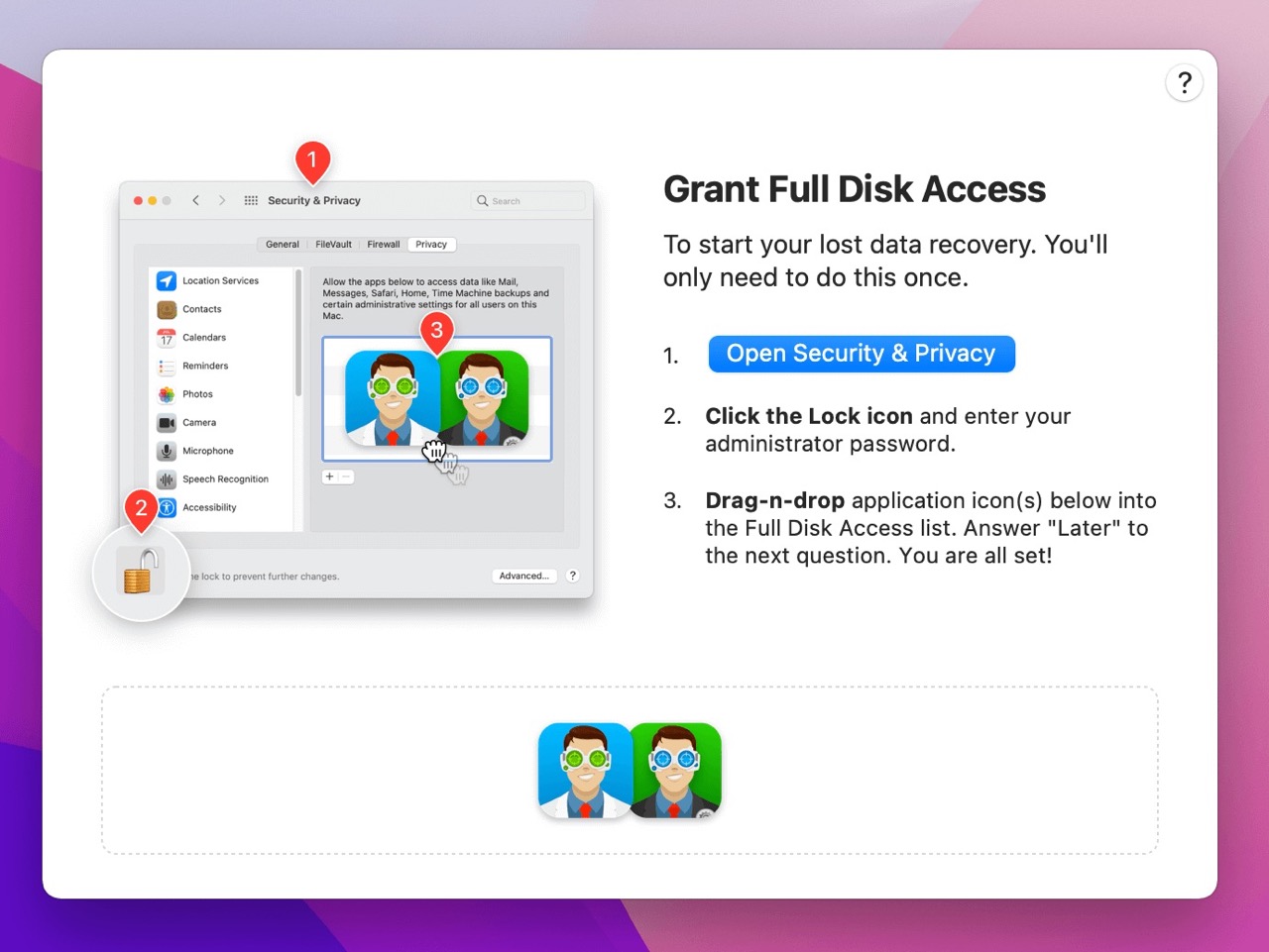 Step 2 to recover a replaced file on Mac using Disk Drill: Grand Disk Drill the necessary permissions.