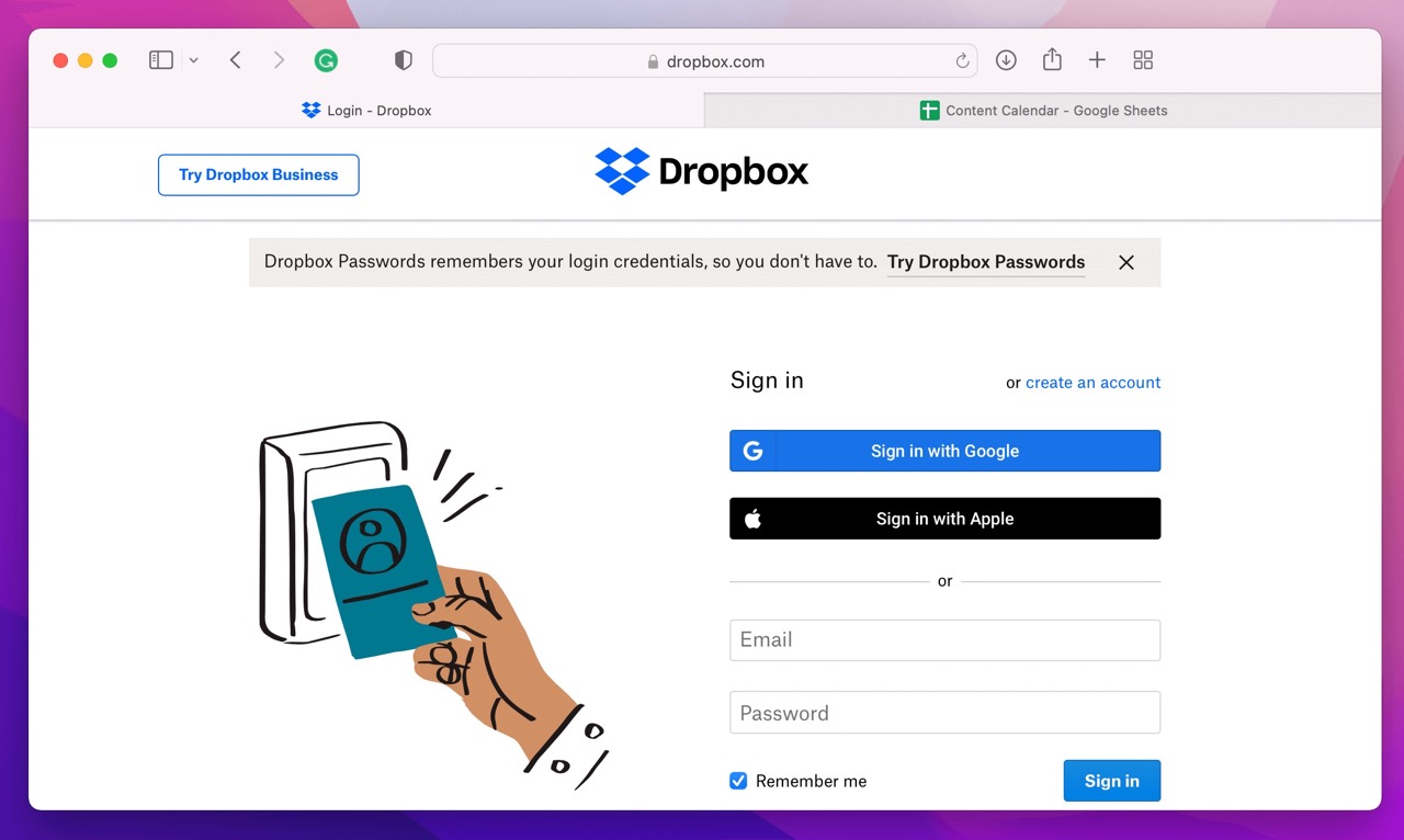 Step 1 to recover an accidentally replaced file on Mac Using Dropbox: Log in to your Dropbox account.