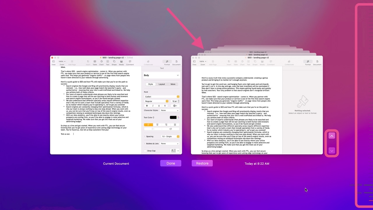 Step 4 to recover overwritten files on Mac: Browse through the other versions of your document.