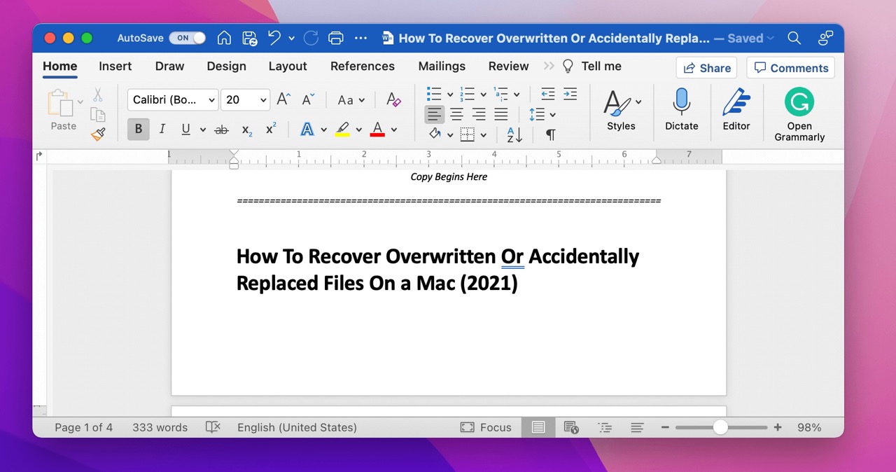 Step 1 to undo a replaced file on Mac: Open the document you'd like to revert to another version.