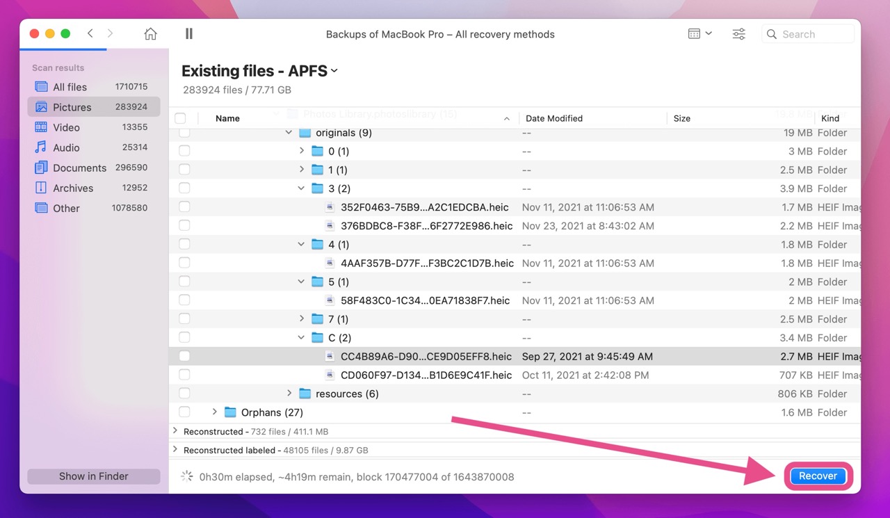 Step 7 to recover a replaced file on Mac using Disk Drill: Select the file you'd like to recover and click Recover.