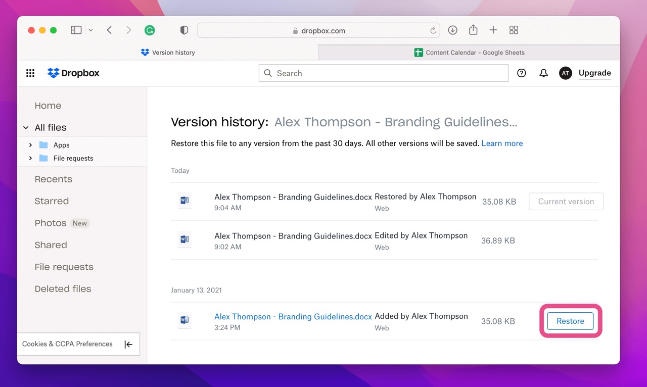 Step 5 to recover an accidentally replaced file on Mac Using Dropbox: Select the restore option.