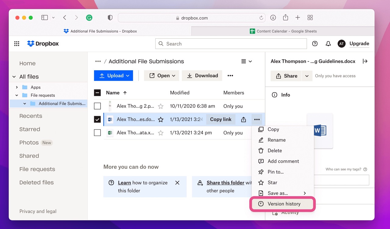 Step 3 to recover an accidentally replaced file on Mac Using Dropbox: Select the version history option. 