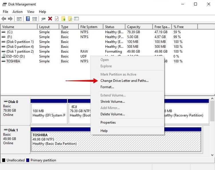 Selecting the volume without a drive letter.