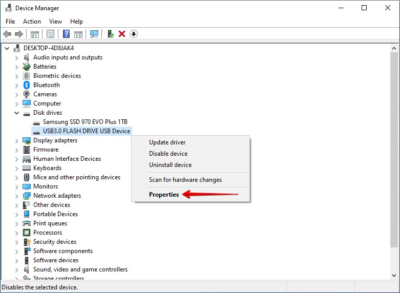 Opening the Toshiba drive properties.