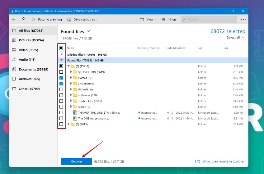  select the files you want to retrieve and click Recover