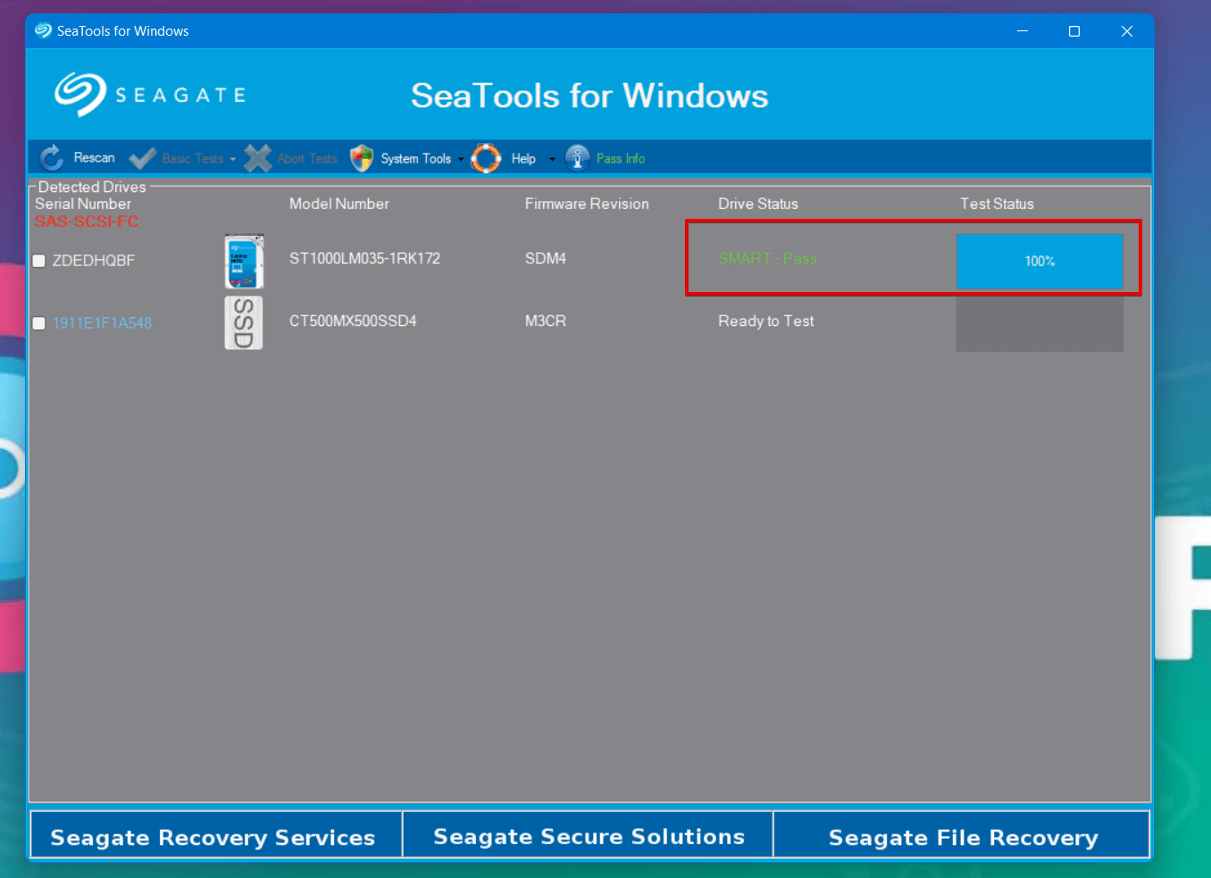 seagate hard drive toolkit test scan result