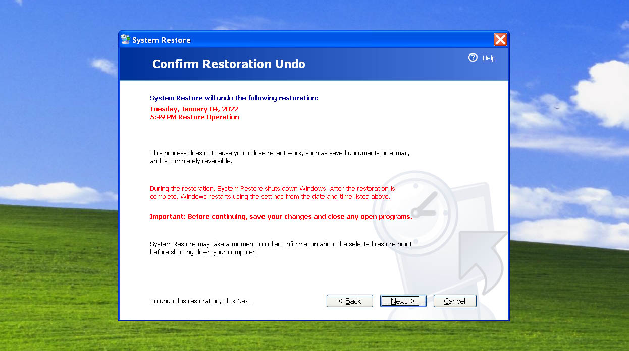 confirm undo restoration on windows xp
