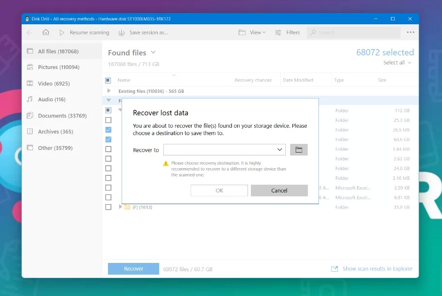 select a destination folder to recover data to
