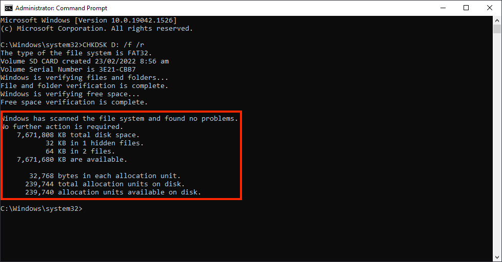 Command Prompt window executing the checkdisk command, with an outline highlighting the results of the scan
