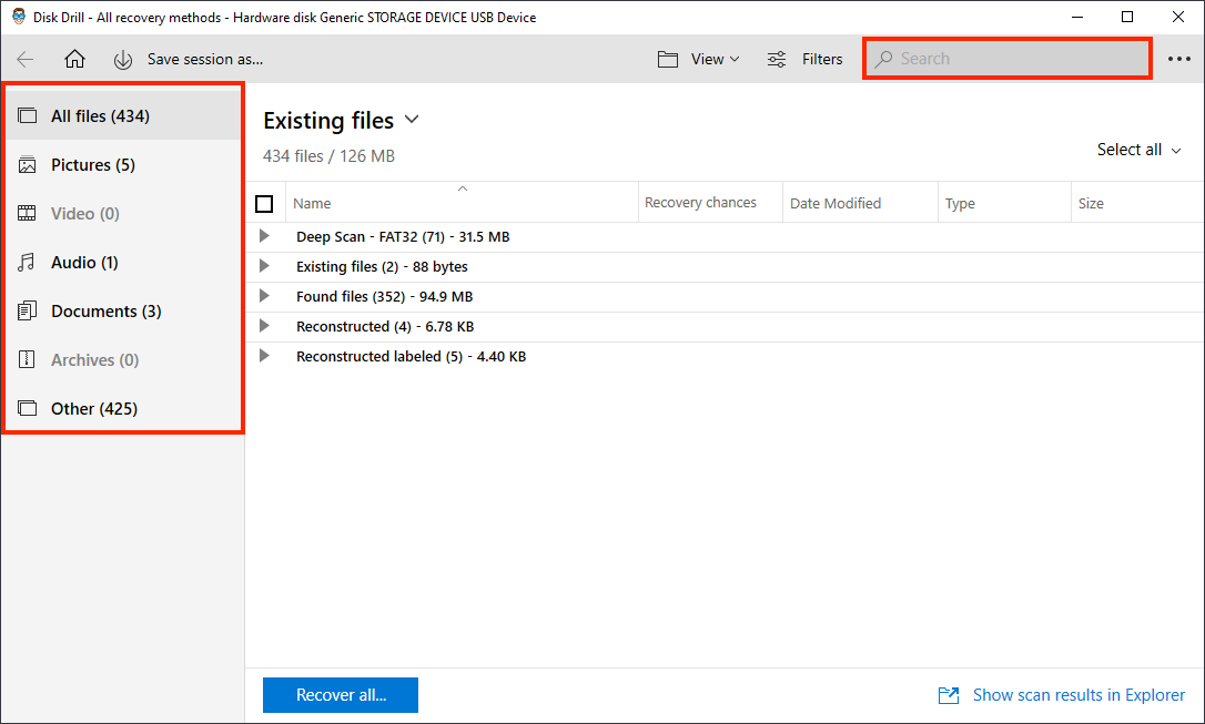 Disk Drill scan results window with outlines highlighting the search bar and navigation sidebar