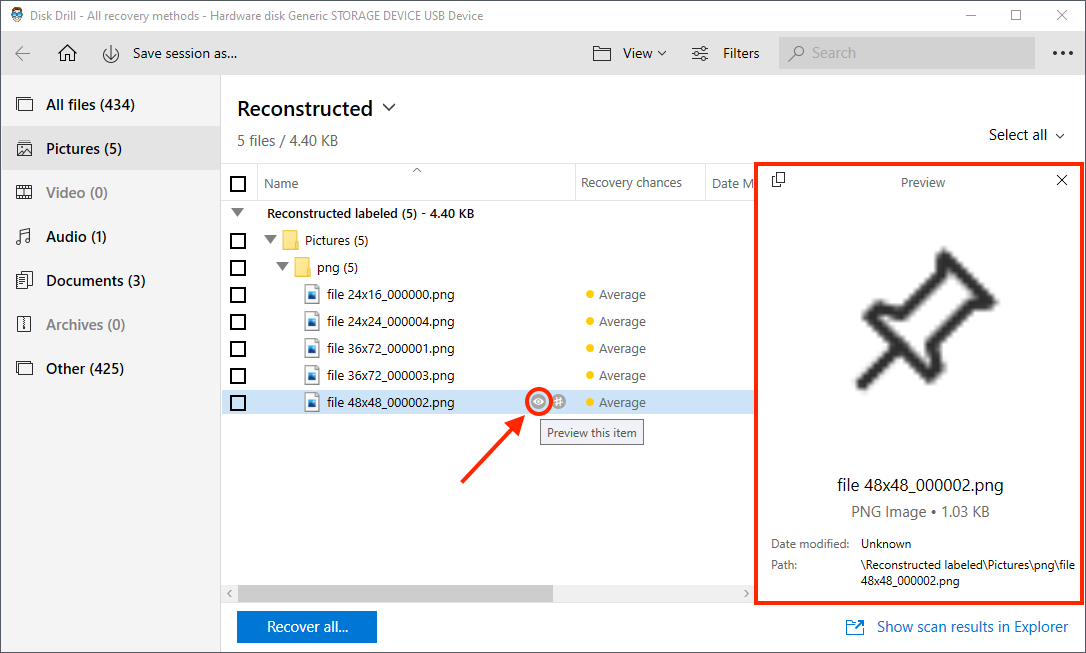 Disk Drill scan results window with outlines highlighting the preview eye button and the preview window