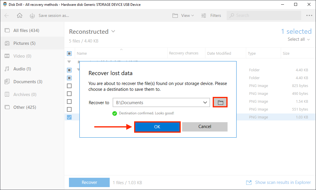 Disk Drill file destination dialogue box with outlines highlighting the browse button and the OK button