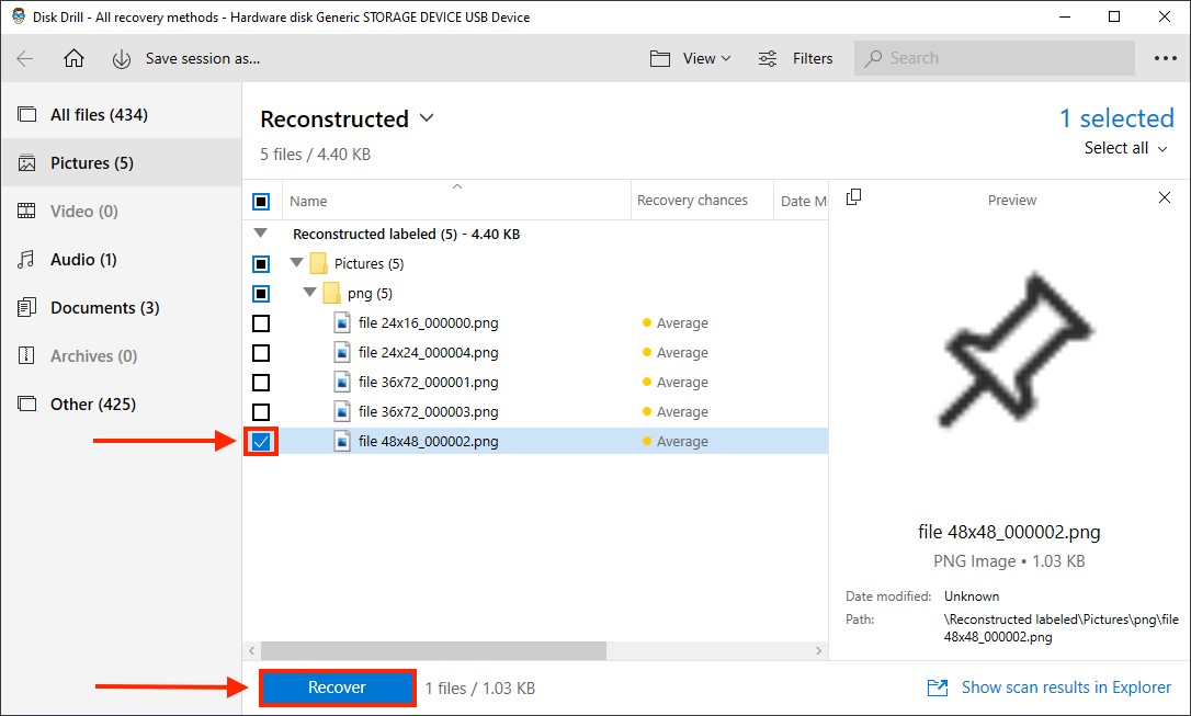 Disk Drill scan results window with pointers towards a file’s selection box and the Recover button