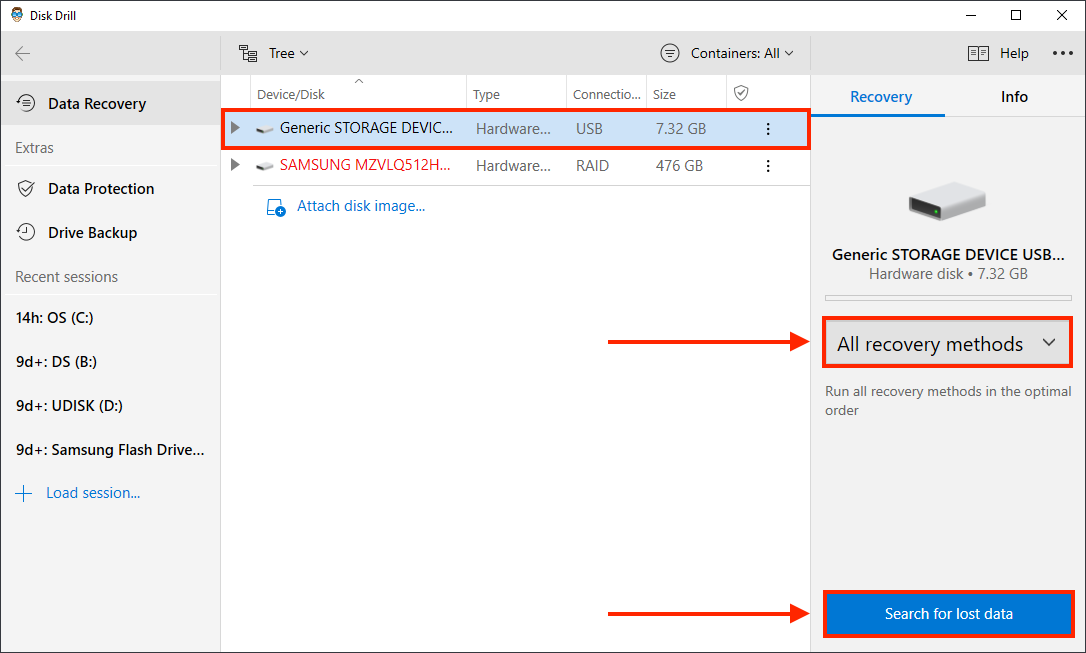 Disk Drill window with outlines highlighting the SD card or card reader, recovery method, and the Search for lost data button