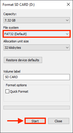 Format SD Card dialogue box with outlines highlighting the file system dropdown menu and the start button