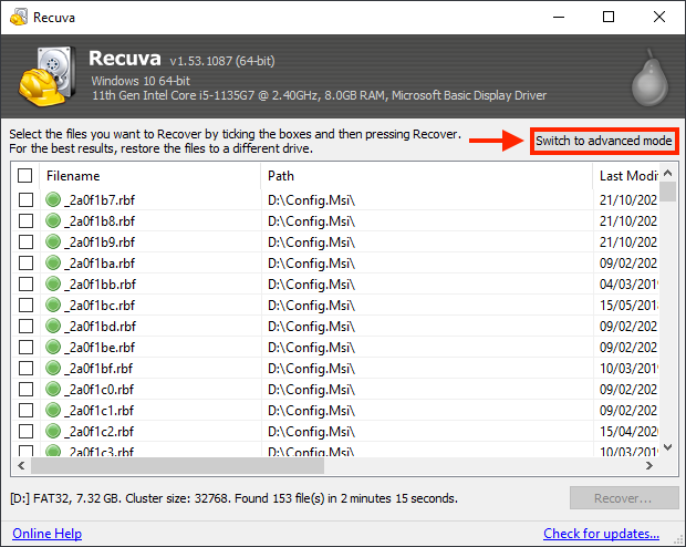 Recuva scan results window with a pointer towards the Switch to advanced mode button