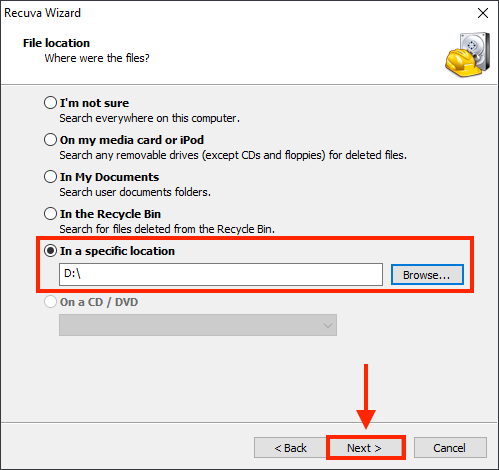 Recuva Wizard file location window with outlines highlighting the folder selection tool and the next button