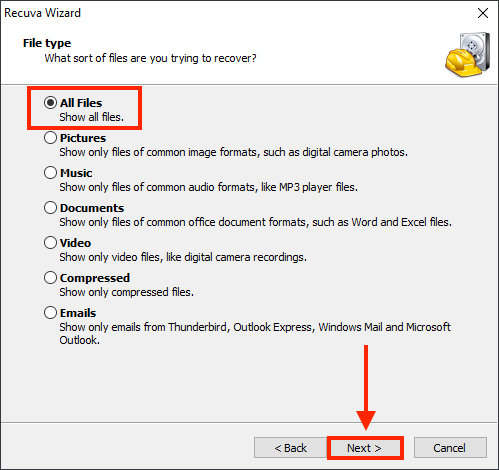 Recuva Wizard file type selection window with outlines highlighting the All Files option and the next button
