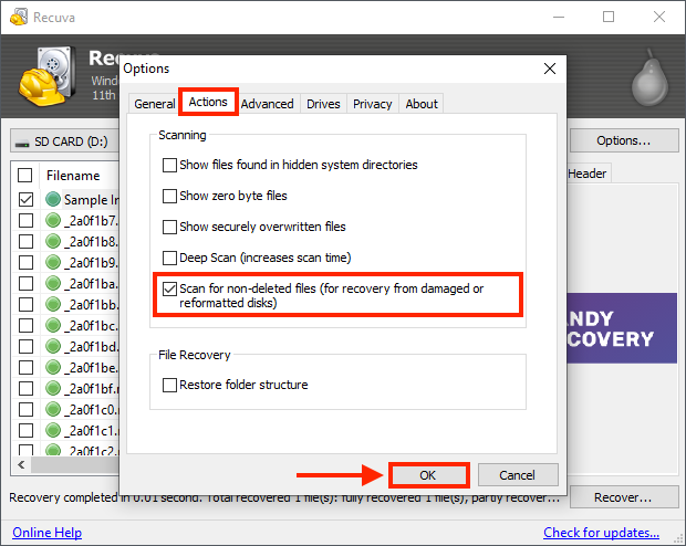Recuva options window with outlines highlighting the Actions tab, the checked option for non-deleted files, and the OK button