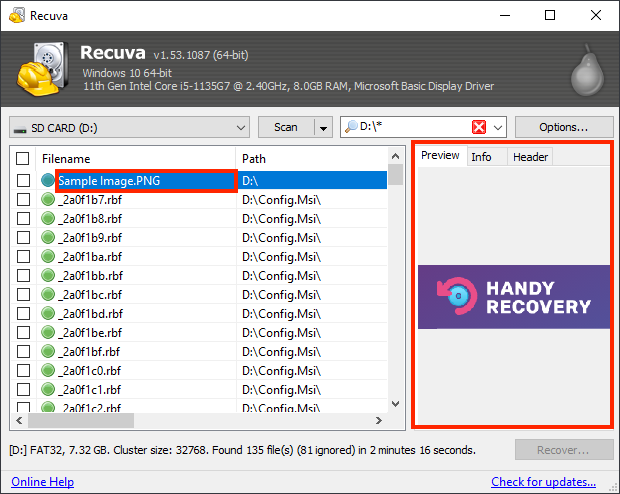 Recuva scan results window with outlines highlighting a file on the left, and the preview window on the right sidebar displaying that file