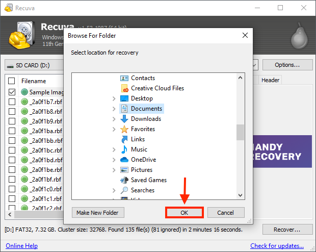 Recuva recovery folder selection dialogue box with an outline highlighting the OK button