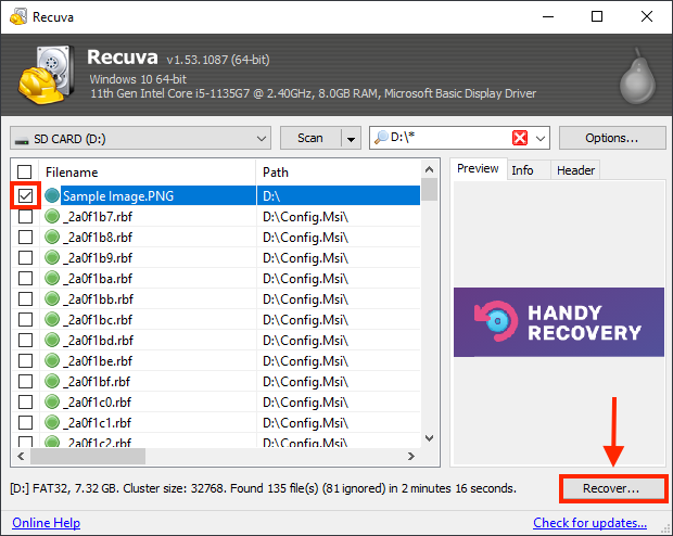Recuva scan results window with an outline highlighting a ticked checkbox beside a file and a pointer towards the Recover button