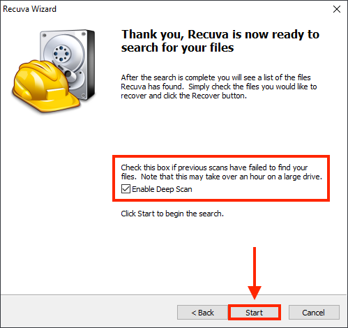 Recuva Wizard scan confirmation window with an outline highlighting the option to Enable Deep scan, and a pointer towards the Start button