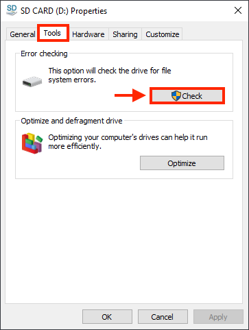 SD card properties window with outlines highlighting the Tools that and the Check button under the Error Checking section