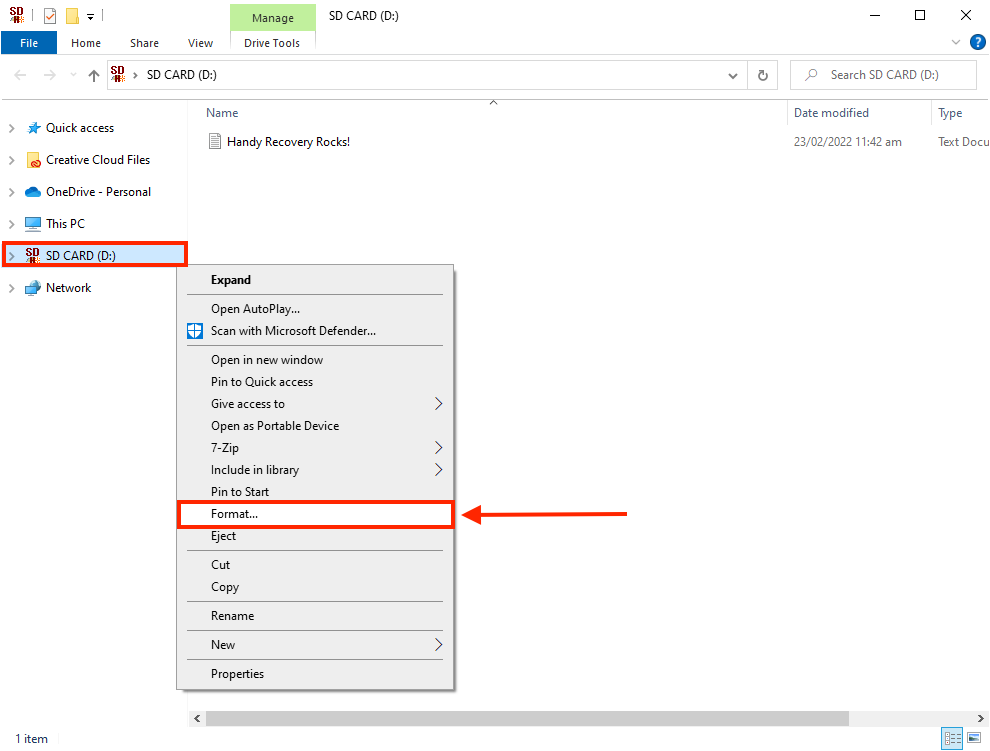Windows file explorer window showing right-click menu on the SD card in the sidebar, and a pointer towards the Format button